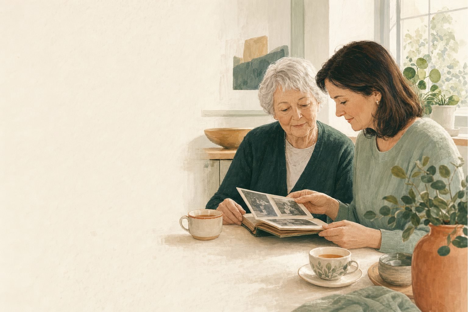 An older woman and her adult daughter sharing tea and looking through a family photo album